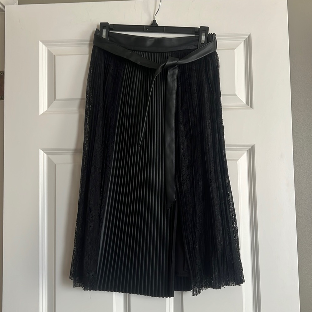 Zara Black Leather and Lace Pleated midi skirt with tie belt